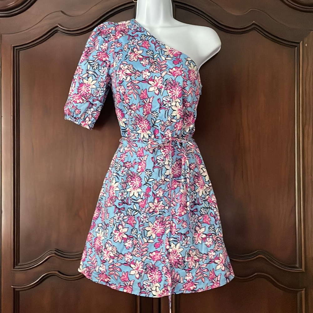 French Connection One Shoulder Floral Mini Dress Size 2 Blue Pink Wedding Guest